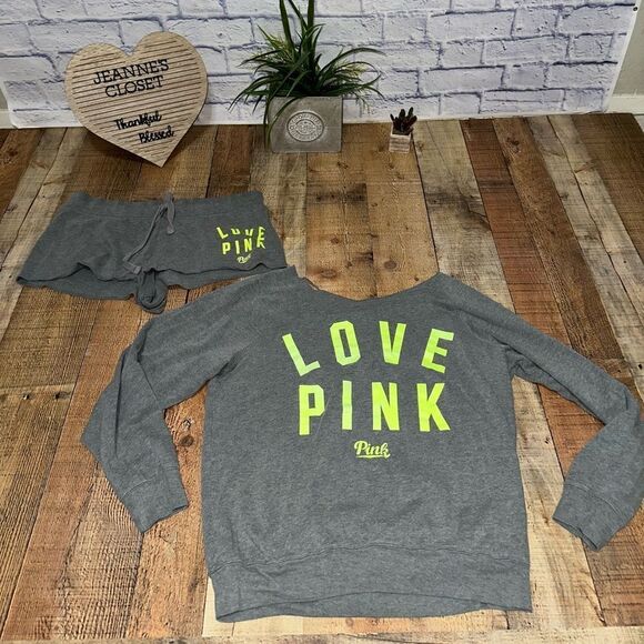 VICTORIA'S SECRET pink Scoop neck sweatshirt NEON  Slouchy Lounge Set - Picture 1 of 12